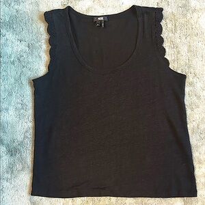 Paige black linen relaxed tank with crochet trim on sleeve